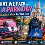 Disneyland Paris packing list showing essential park day items including a backpack, power bank, refillable water bottle, poncho, snacks and sunglasses in front of a Disneyland Paris inspired castle.