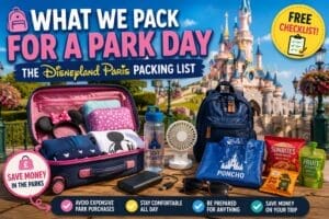 Disneyland Paris packing list showing essential park day items including a backpack, power bank, refillable water bottle, poncho, snacks and sunglasses in front of a Disneyland Paris inspired castle.
