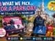 Disneyland Paris packing list showing essential park day items including a backpack, power bank, refillable water bottle, poncho, snacks and sunglasses in front of a Disneyland Paris inspired castle.
