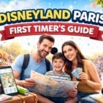 Family planning their first Disneyland Paris trip with map, tickets and travel essentials in a colourful theme park setting