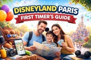 Family planning their first Disneyland Paris trip with map, tickets and travel essentials in a colourful theme park setting