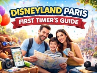 Family planning their first Disneyland Paris trip with map, tickets and travel essentials in a colourful theme park setting