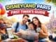 Family planning their first Disneyland Paris trip with map, tickets and travel essentials in a colourful theme park setting