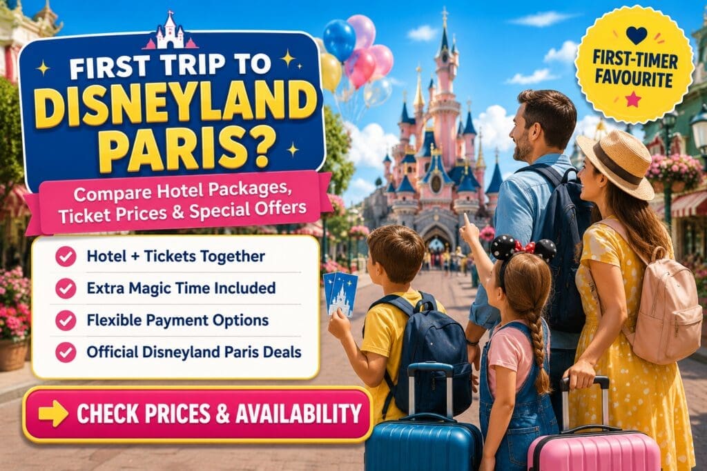 Family planning their first Disneyland Paris holiday with hotel package deals, tickets and a fairytale castle in the background