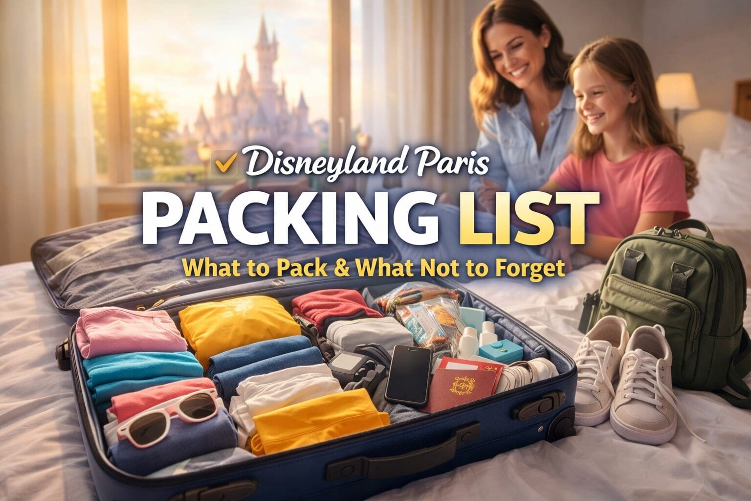 Disneyland Paris packing list suitcase with travel essentials for a theme park trip