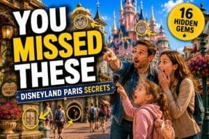 family discovering hidden details and secrets at Disneyland Paris with castle and hidden gems highlighted