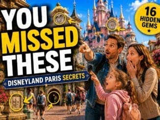 family discovering hidden details and secrets at Disneyland Paris with castle and hidden gems highlighted