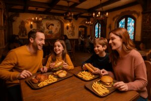 Interior seating area themed after Pinocchio