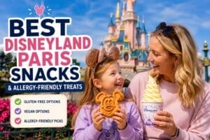 Mother and daughter enjoying a Mickey waffle and soft serve ice cream in front of Disneyland Paris Castle, highlighting the best snacks and allergy-friendly treats at Disneyland Paris.