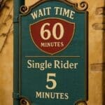 Disney-style ride wait time sign showing 60 minutes regular, 5 minutes single rider queue