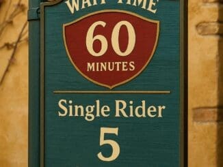 Disney-style ride wait time sign showing 60 minutes regular, 5 minutes single rider queue