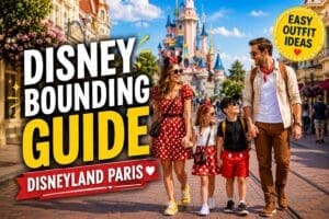 Disneybounding guide at Disneyland Paris with stylish family wearing character inspired outfits near fairytale castle