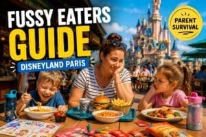 Disneyland Paris fussy eaters guide showing family dining with picky child eating at themed restaurant near castle