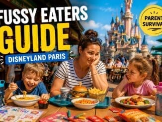 Disneyland Paris fussy eaters guide showing family dining with picky child eating at themed restaurant near castle