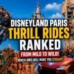 Disneyland Paris thrill rides ranked showing roller coasters, drop rides and guests screaming on the most intense attractions