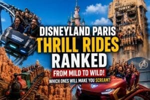 Disneyland Paris thrill rides ranked showing roller coasters, drop rides and guests screaming on the most intense attractions