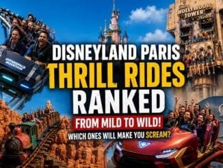 Disneyland Paris thrill rides ranked showing roller coasters, drop rides and guests screaming on the most intense attractions