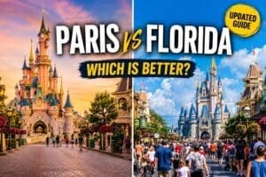 Disneyland Paris vs Disney World comparison showing castle, crowds and park atmosphere differences