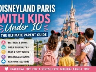 Disneyland Paris with kids under 10 family guide showing parents and children in front of the castle with tips for rides shows queues and family planning