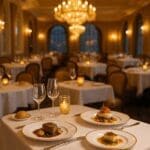 Elegant dining room at La Table de Lumière, Disneyland Hotel Paris, with gourmet dishes and golden chandelier