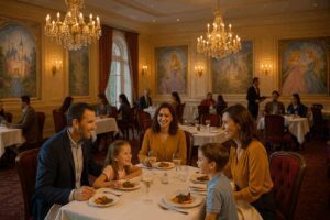 Elegant family dining at Fleur de Lys restaurant in Disneyland Hotel, Paris, with chandeliers and fairytale princess murals