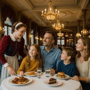 Families dining in a Victorian setting at plaza gardens