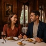Guests dining inside Walt's with elegant Victorian decor Disneyland Paris
