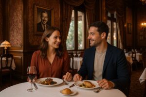 Guests dining inside Walt’s with elegant Victorian décor