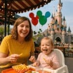 Happy mum and fussy eater toddler dining at Disneyland Paris with castle view
