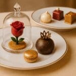 Magical French desserts at La Table de Lumière, Disneyland Hotel Paris, including an enchanted rose pastry and golden macaron
