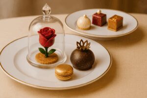 Magical French desserts at La Table de Lumière, Disneyland Hotel Paris, including an enchanted rose pastry and golden macaron