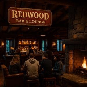  Guests enjoying drinks by the fireplace at Redwood Bar & Lounge, Disney Sequoia Lodge
