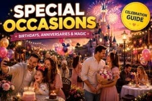 Family and couple celebrating birthdays and anniversaries at Disneyland Paris with balloons, cake, fireworks and a glowing fairytale castle during a magical evening celebration.