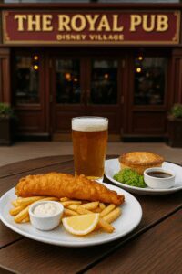 Traditional British meal at The Royal Pub – fish and chips, pie, and pint