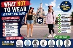 Comparison showing wrong vs right Disneyland Paris outfits, including uncomfortable shoes, heavy bags and flip-flops versus practical waterproof clothing, cushioned trainers and lightweight park essentials.