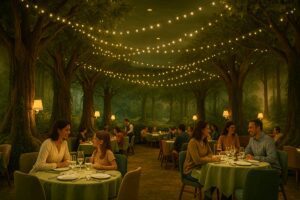 Woodland-themed dining at La Forêt Secrète restaurant, Disneyland Hotel Paris, with fairy lights and enchanted forest décor
