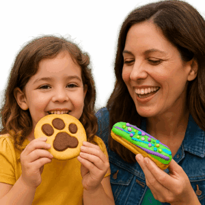 a young girl enjoying a Simba Paw Print cookie and her mum with a colourful Buzz Lightyear-style éclair