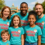 A diverse group of smiling adults and children wearing matching “Birthday Squad” t-shirts and badges, posing together at a colourful theme park entrance. Perfect for celebrating special occasions with friends and family in 2025.