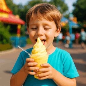 Young boy in a turquoise shirt happily eating pineapple Dole Whip-style ice cream at Disneyland Paris, smiling in an outdoor theme park setting. Perfect allergy-friendly snack for families in 2025.