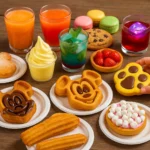 A vibrant table filled with colourful snacks and drinks, including waffles, churros, cookies, pastries, fruit, ice cream, and assorted juices—perfect for a family-friendly snack guide in 2025.