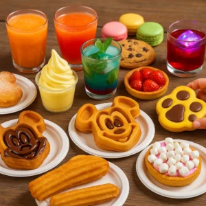 A vibrant table filled with colourful snacks and drinks, including waffles, churros, cookies, pastries, fruit, ice cream, and assorted juices—perfect for a family-friendly snack guide in 2025.