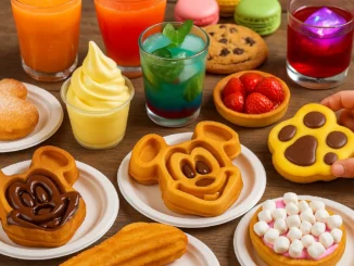 A vibrant table filled with colourful snacks and drinks, including waffles, churros, cookies, pastries, fruit, ice cream, and assorted juices—perfect for a family-friendly snack guide in 2025.