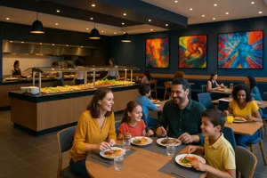 family enjoying international buffet at downtown restaurant disneyland paris