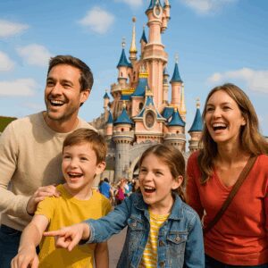 family searching for rare characters at disneyland paris castle background