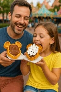 Father and daughter enjoying Mickey-shaped waffles at Disneyland Paris, one topped with rich Nutella chocolate and the other piled high with fluffy marshmallows. Smiling together in a colourful theme park setting, showcasing the best family snacks in 2025.