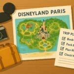Disneyland Paris planning layout with map, checklist, Mickey ears and suitcase