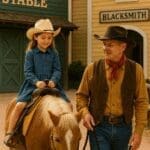 Child riding pony at Disneyland Paris Hotel Cheyenne with cowboy guide
