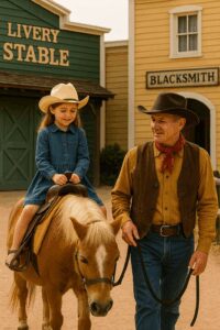 Child riding pony at Disneyland Paris Hotel Cheyenne with cowboy guide