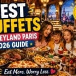 Family enjoying huge Disneyland Paris buffet meal with desserts, pizza, roast dinner and themed restaurant atmosphere during a magical family holiday