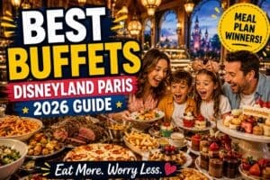 Family enjoying huge Disneyland Paris buffet meal with desserts, pizza, roast dinner and themed restaurant atmosphere during a magical family holiday